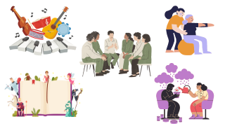 Grafika kolaż z kobietą ćwiczącą z seniorką, instrumenty, rozmowa grupowa, rozmowa terapeutyczna 