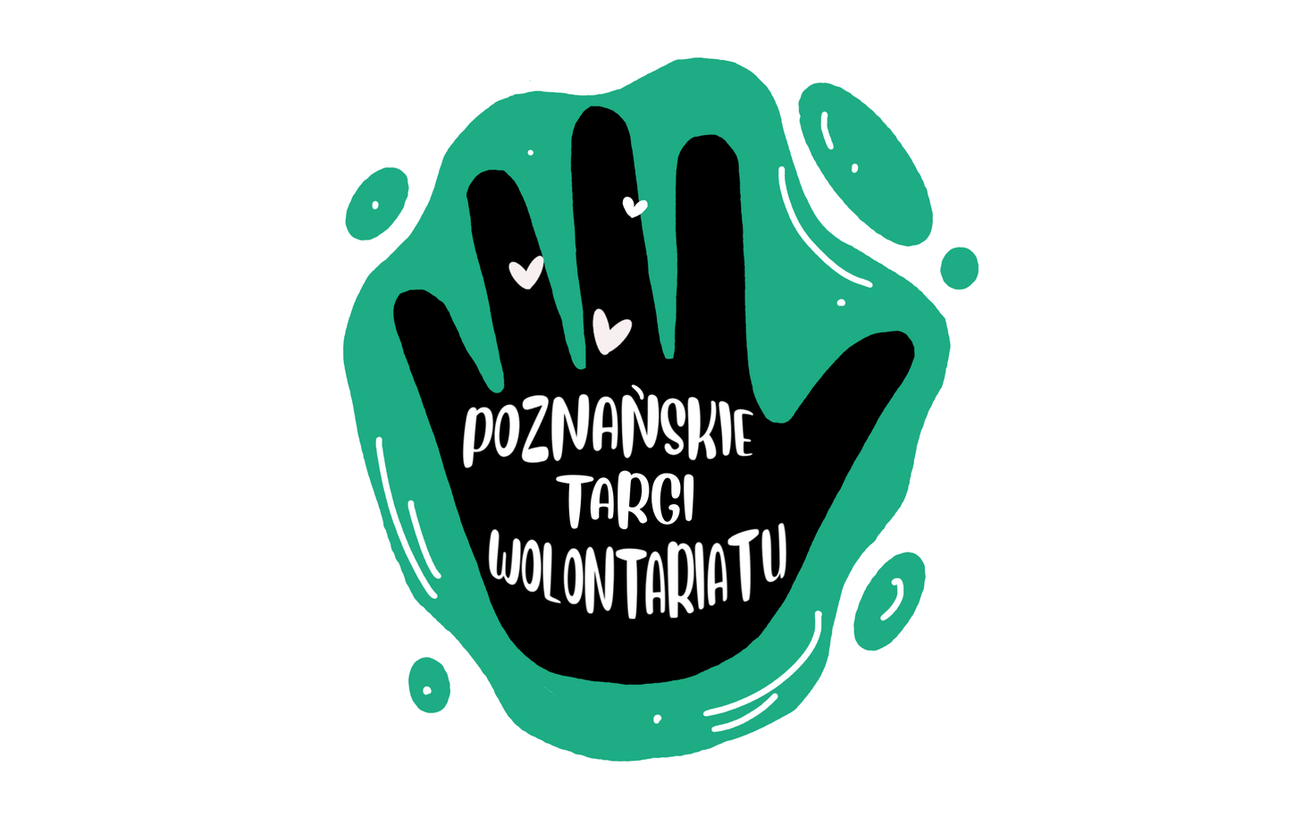 Logo Poznańskich Targów Wolontariatu to odciśnięta dłoń symbolizująca chęć pomagania i współpracę