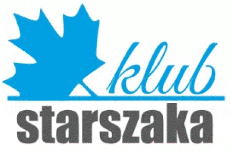 logo Klub Starszaka z niebieskim liściem klonu