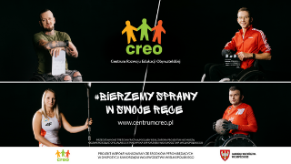 Packshot z sylwetkami czterech mężczyzn na wózku i jednej kobiety trzymającej wiosło. Napis: # bierzemy sprawy w swoje ręce