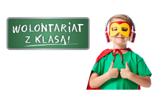 Grafika ukazująca chłopca w masce. Z tyłu napis WOLONTARIAT Z KLASĄ