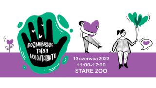 Poznańskie Targi Wolontariatu. Uśmiechnięte komiksowe postaci trzymają w dłoniach balonikowe serduszka. Logo Poznańskich Targów Wolontariatu to odciśnięta dłoń symbolizująca chęć pomagania i współpracę