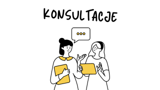 Dwie kobiety dyskutują między sobą. Napis: konsultacje
