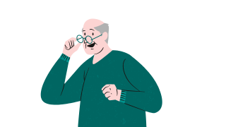 Grafika seniora. Ściąga okulary na nos i patrzy z zaciekawieniem