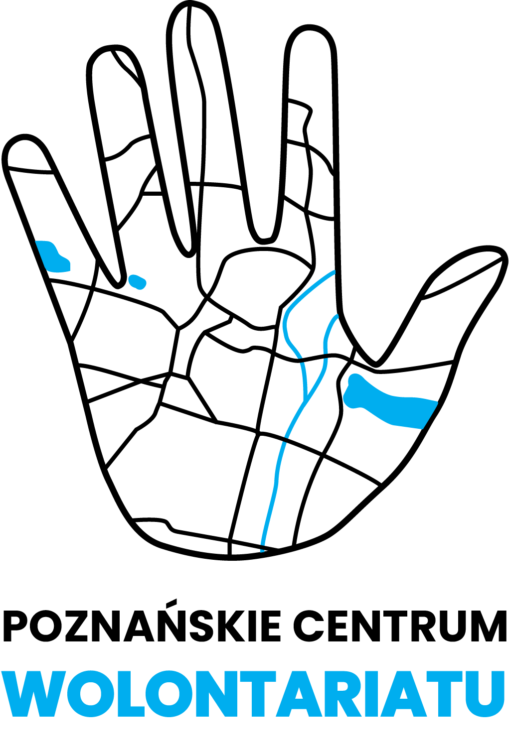 logo Poznańskiego Centrum Wolontariatu. Otwarta dłoń z nałożoną siatką poznańskich ulic.