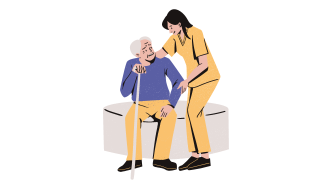 Grafika. Młoda kobieta pochyla się nad starszym mężczyzną który siedzi na pufie i podpiera się laską.