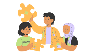 Grafika. Wolontariuszka, lekarz i dziewczyna w chuście z krajów arabskich rozmawiają ze sobą. Trzymają w dłoniach puzzle.