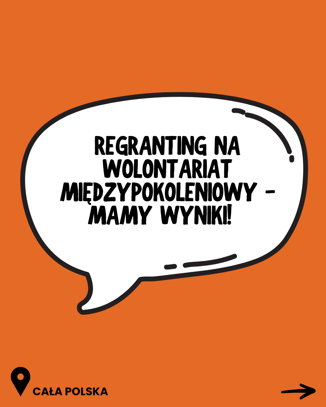 Na pomarańczowym tle napis w białym dymku: regranting na wolontariat międzypokoleniowy - mamy wyniki.