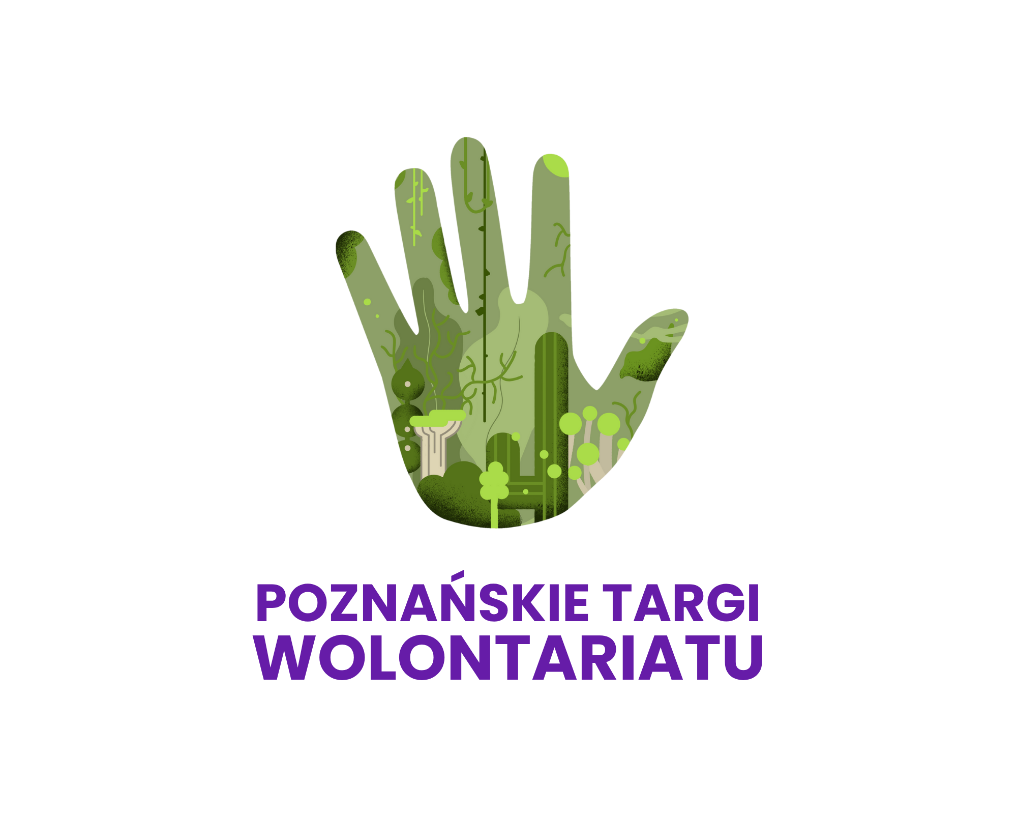 Zielona dłoń. Napis Poznańskie Targi Wolontariatu