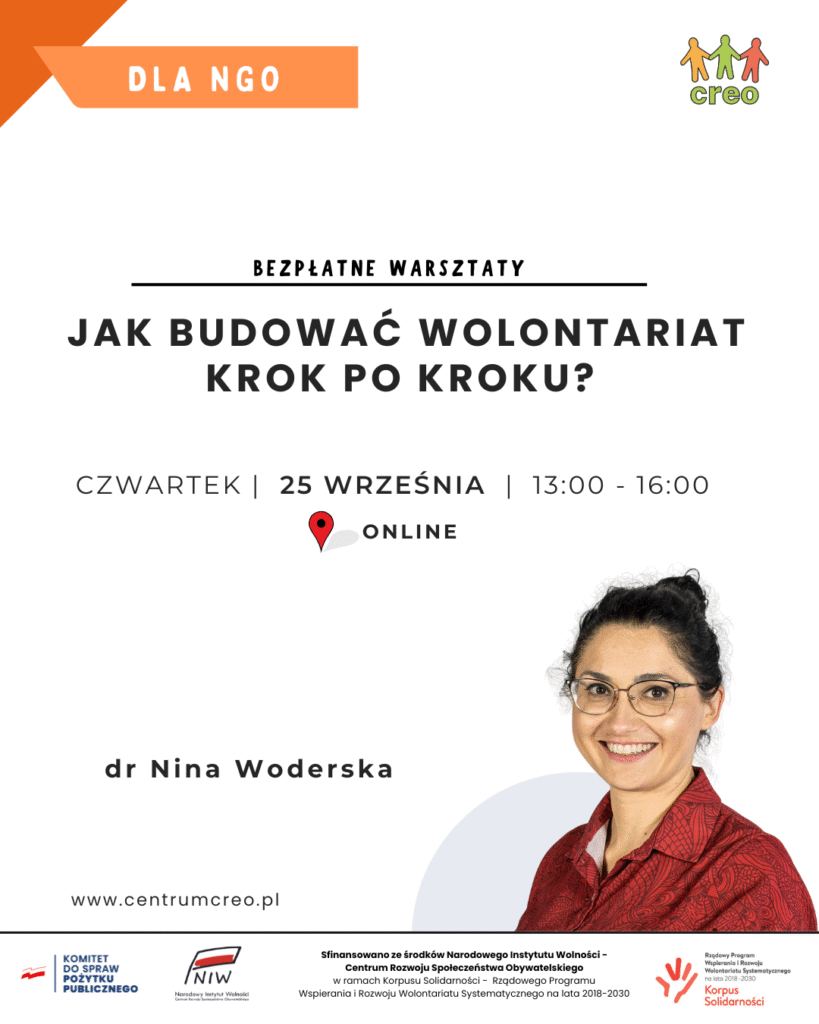 Plakat zapowiada bezpłatne warsztaty online „Jak budować wolontariat krok po kroku?” z dr Niną Woderską 25 września w godz. 13:00–16:00.