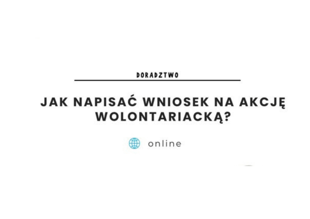 Grafika promująca doradztwo online dla NGO pt. „Jak napisać wniosek na akcję wolontariacką?”. W centralnej części widnieje tytuł wydarzenia, poniżej informacja „online” oraz zdjęcie uśmiechniętej kobiety — Marii Pawlak. W górnym rogu znajduje się logo CREO, a na dole logotypy partnerów: Wielkopolskie Centrum Wolontariatu, Komitet do Spraw Pożytku Publicznego, NIW, Korpus Solidarności.