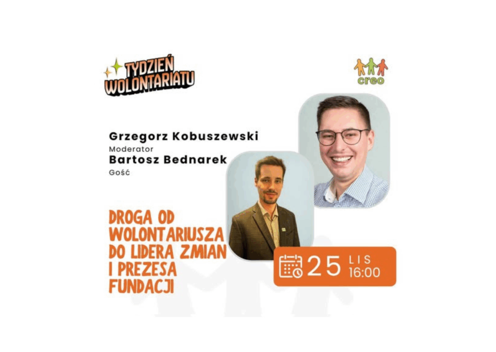 Plakat informujący o warsztacie Droga od wolontariusza do lidera zmian i prezesa fundacji.
