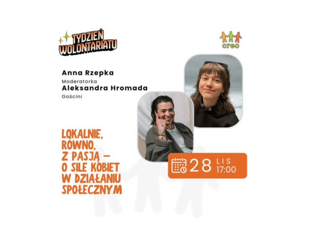 Plakat zapowiadający wydarzenie online z dwoma zdjęciami kobiet oraz informacjami dotyczącymi spotkania o roli i sile kobiet w działaniach społecznych. Na grafice widoczna jest data 28 listopada i godzina 17:00 oraz hasło wydarzenia.