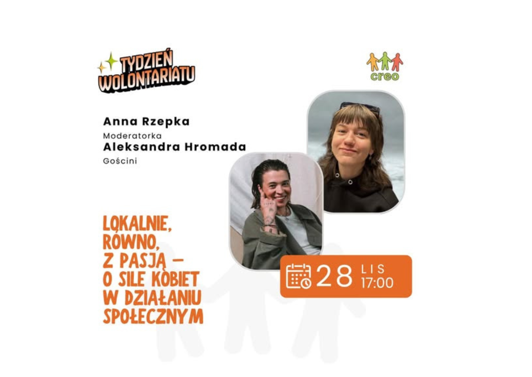 Plakat zapowiadający wydarzenie online z dwoma zdjęciami kobiet oraz informacjami dotyczącymi spotkania o roli i sile kobiet w działaniach społecznych. Na grafice widoczna jest data 28 listopada i godzina 17:00 oraz hasło wydarzenia.