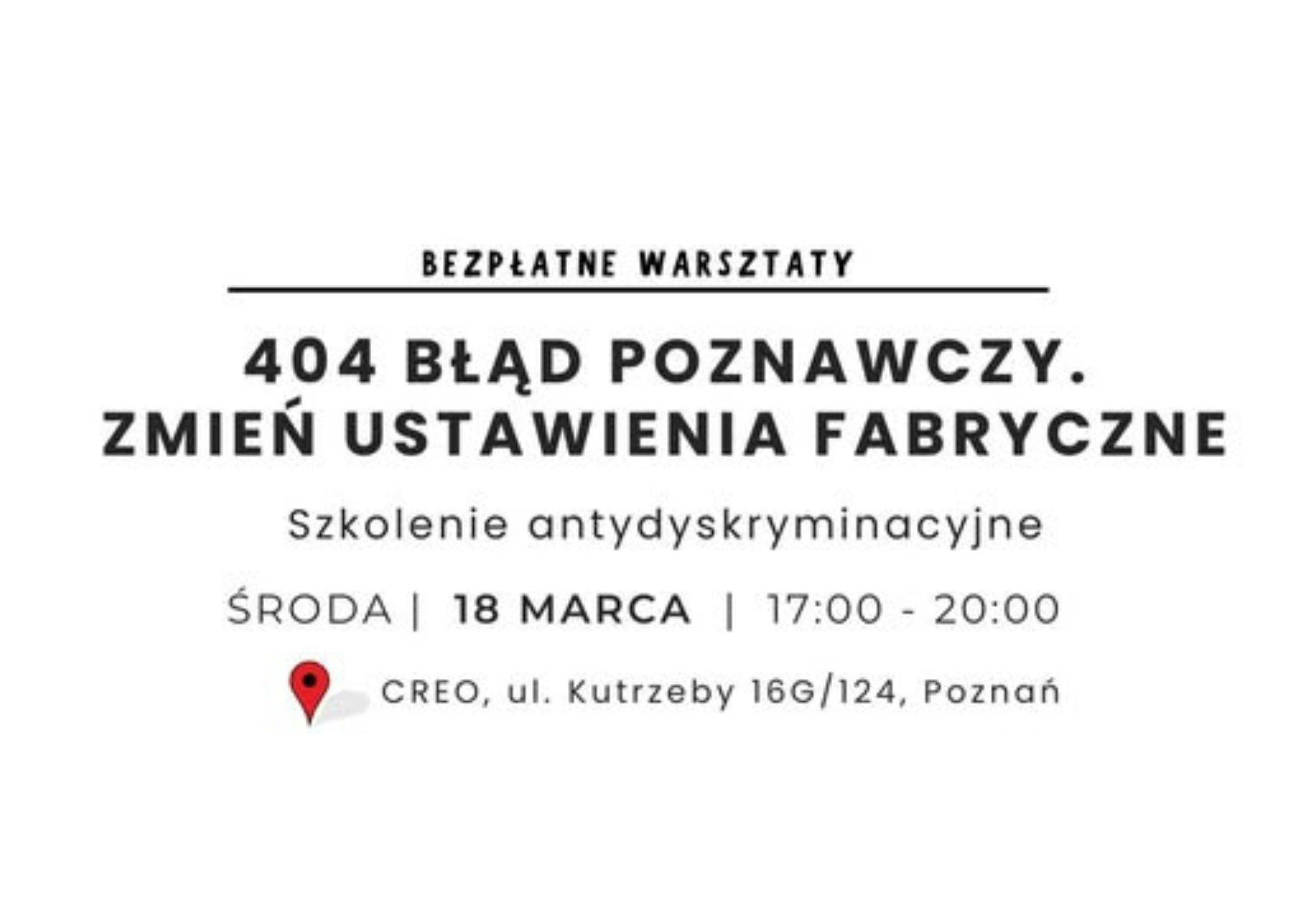 Plakat informujący o szkoleniu antydyskryminacyjnym - 18 marca w godzinach 17-19